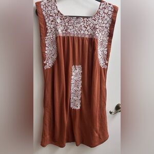 J. Marie Rainey Oaxaca Floral embroidered shift tunic dress Small burnt orange